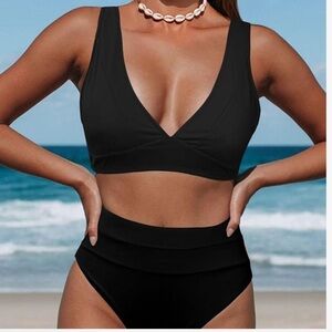 NWT Hilinker Black Plunge V-Neck Cheeky Bikini Set
